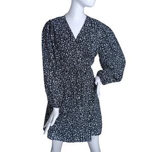 Hello Milk Tee Wrap Dress Size Medium Black & White Specks Lined Long Sleeve
